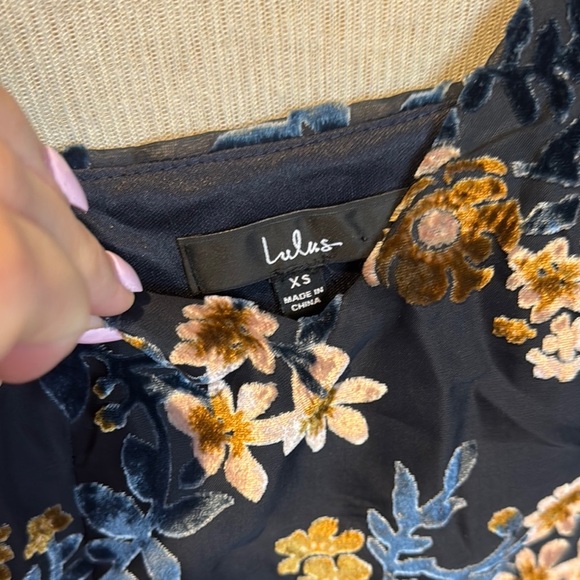 Lulu's Asymmetrical Blue and White Slip Dress with velvet detailing - Picture 2 of 3